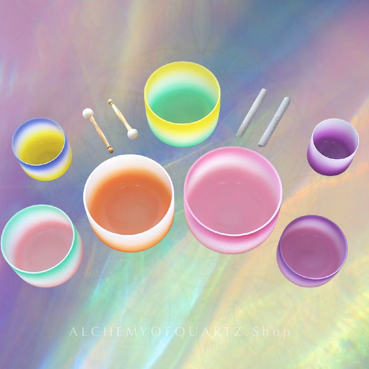 7pc Frosted Rainbow Quartz Singing Bowl ✸ 6” to 12” | 432hz or 440hz - Alchemy of Quartz