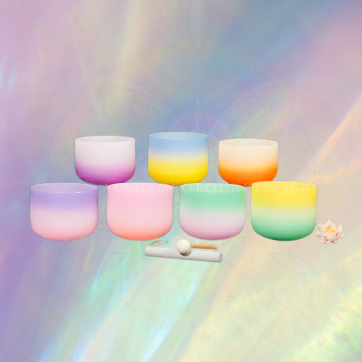7pc Frosted Rainbow Quartz Singing Bowl ✸ 6” to 12” | 432hz or 440hz - Alchemy of Quartz
