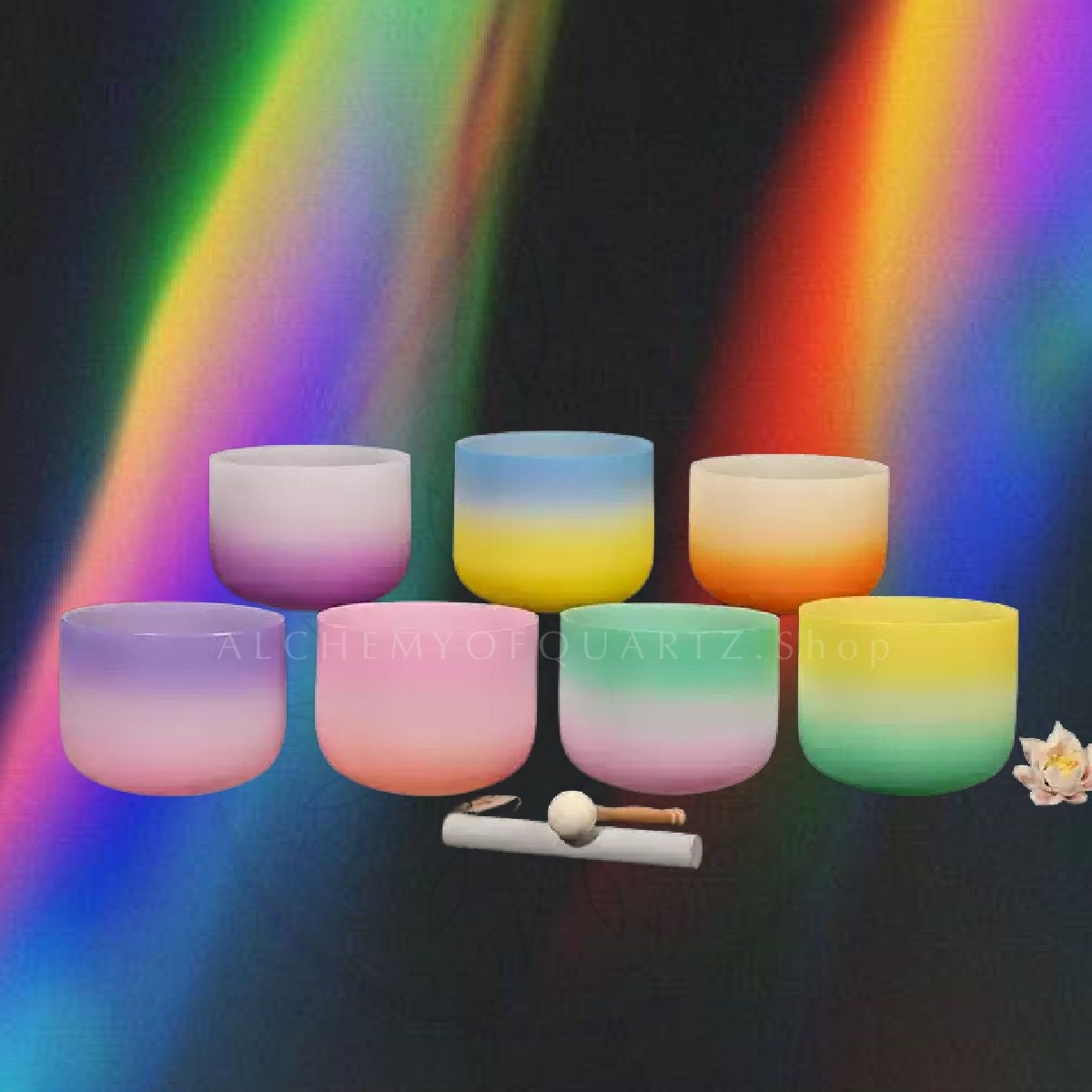 7pc Frosted Rainbow Quartz Singing Bowl ✸ 6” to 12” | 432hz or 440hz - Alchemy of Quartz 